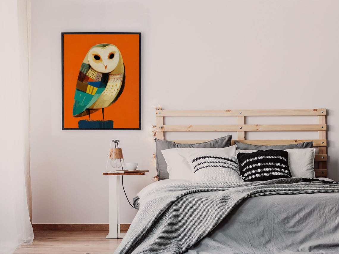 Geometric Patchwork Barn Owl on a Bold Orange Background Art Poster - Image 7