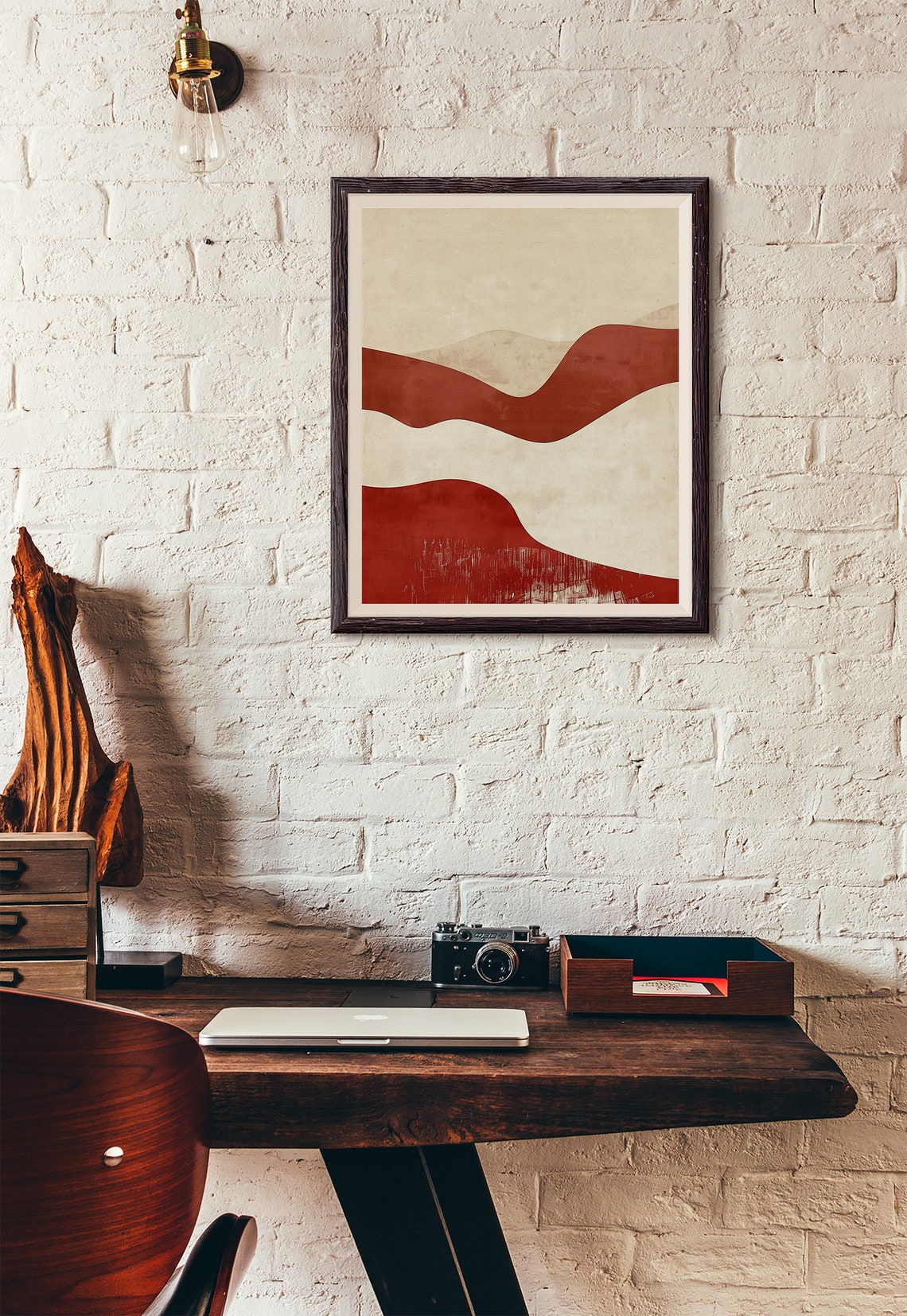 Red and Cream Layered Wave Landscape Minimalist Abstract Poster - Image 2