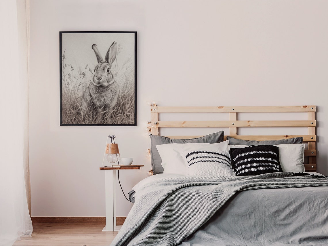 Hare Portrait in Meadow Grass Realistic Graphite Sketch Poster - Image 6