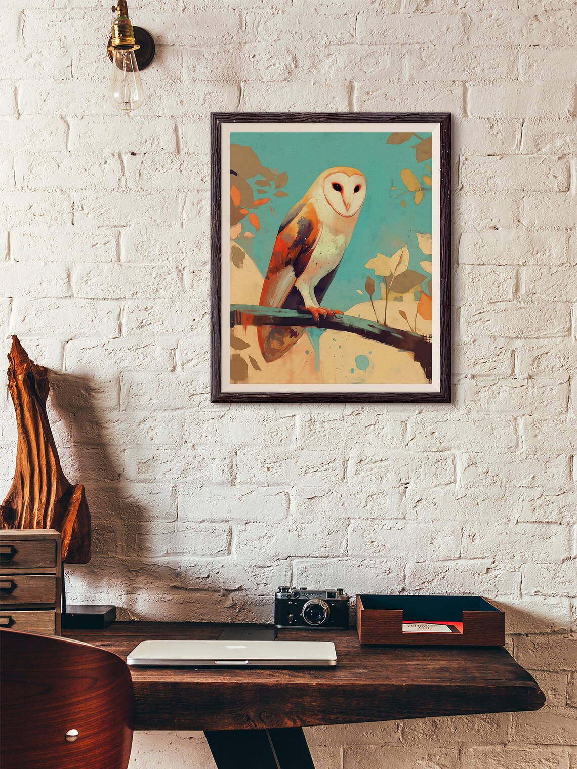 Barn Owl on a Branch in Teal and Coral Watercolor Style Poster - Image 4