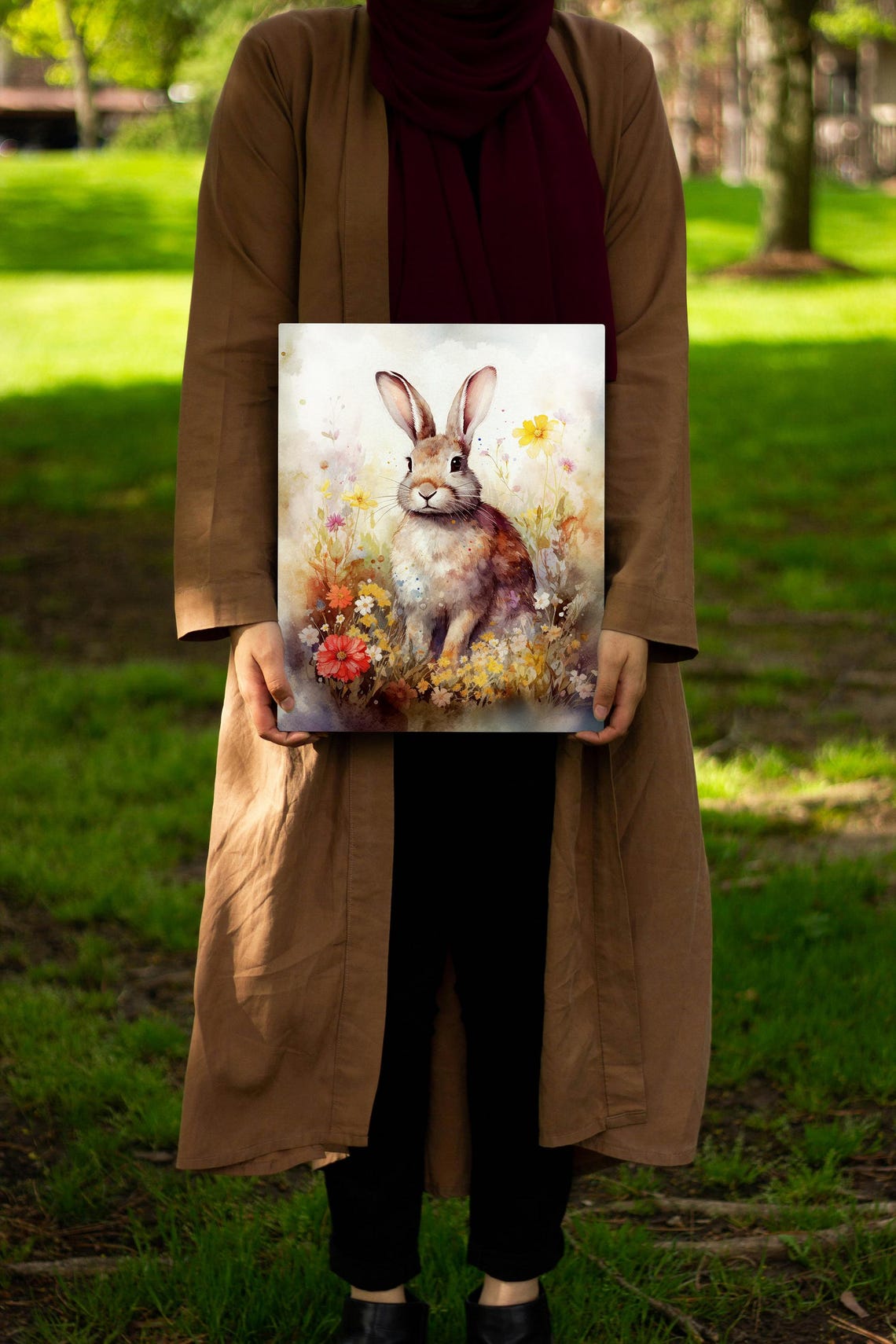 Delicate Watercolor Bunny Rabbit in a Meadow of Wildflowers Poster - Image 5
