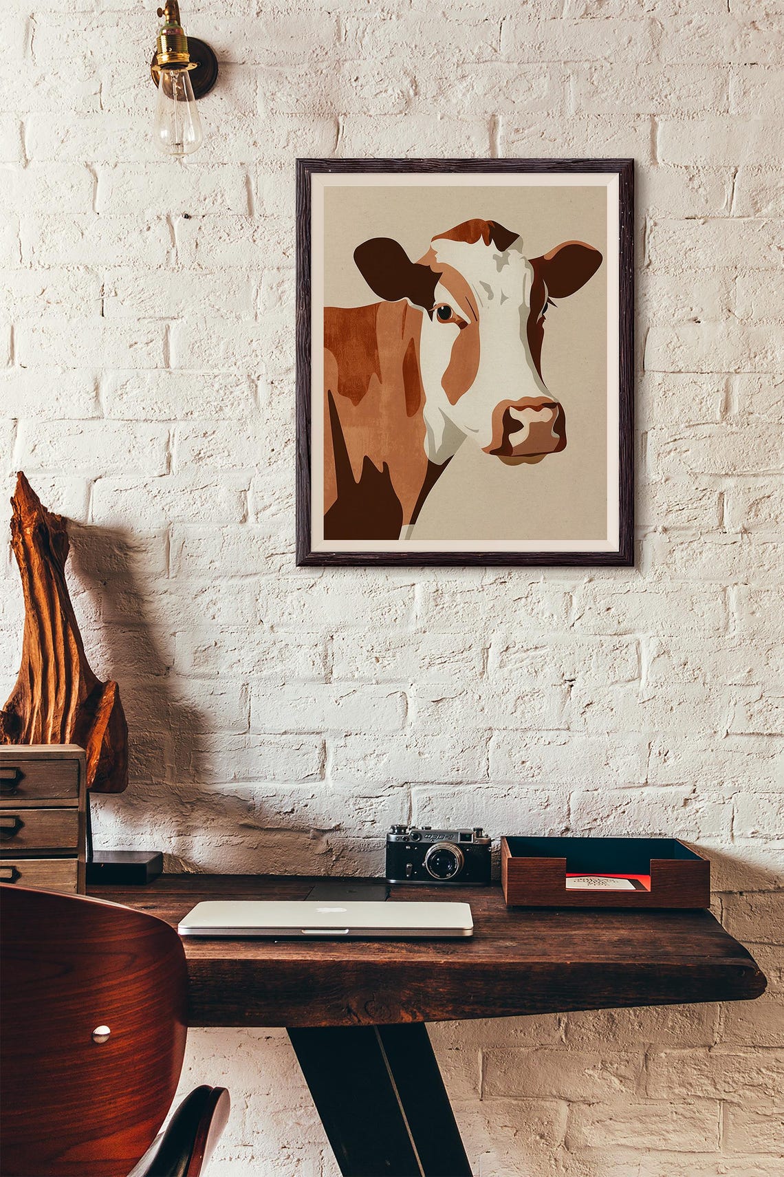 Geometric Mid Century Modern Cow Head in Warm Brown Tones Wall Art - Image 3