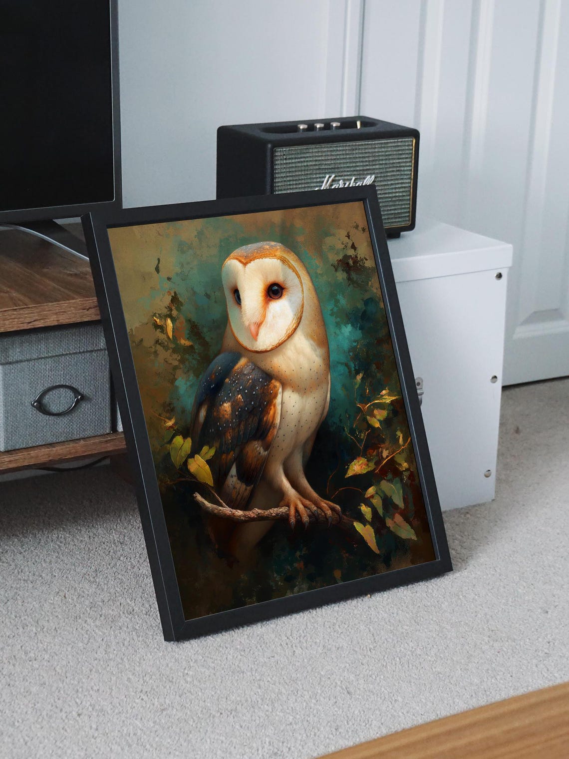Barn Owl Perched on a Branch in Moody Forest Green Tones Poster - Image 8