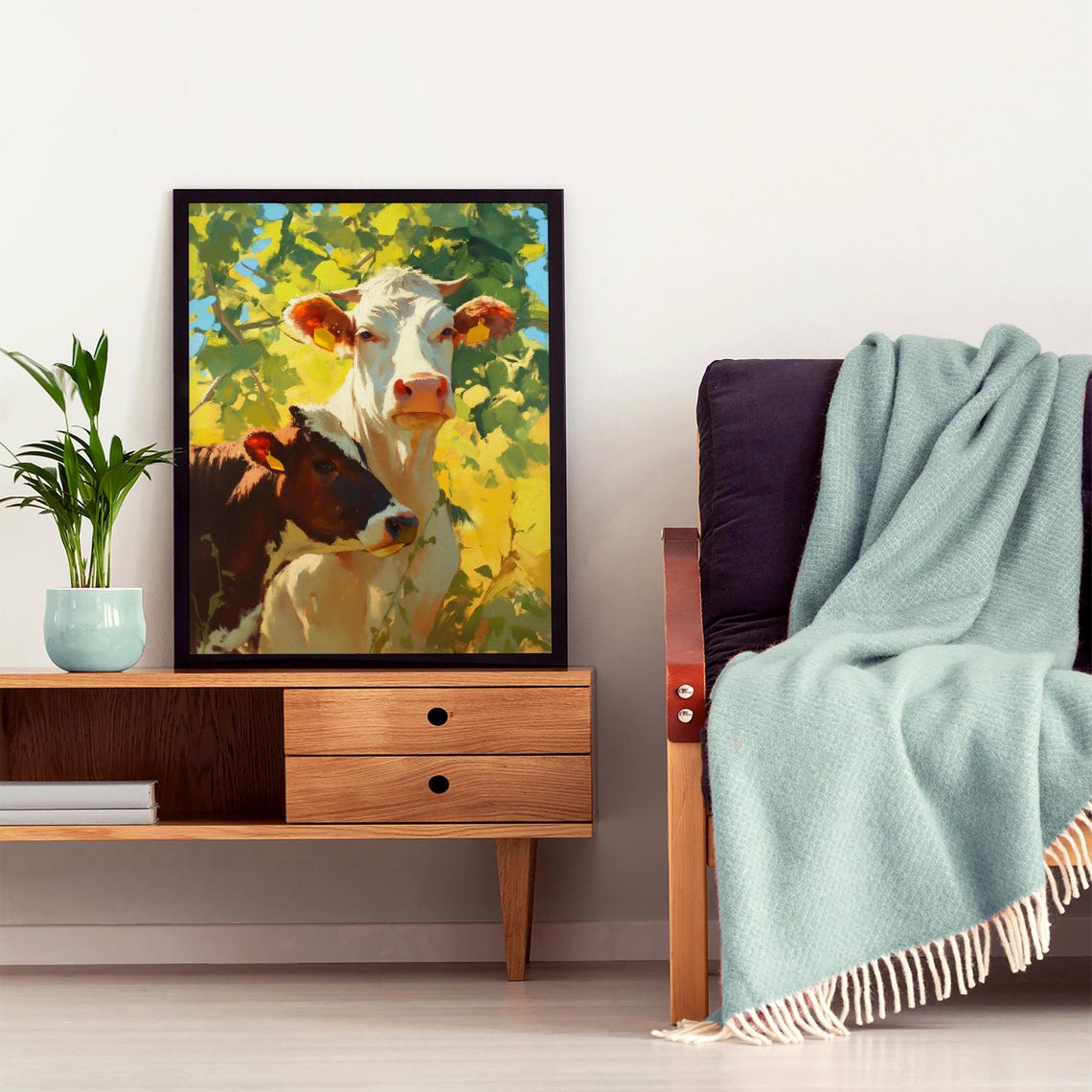 White Cow and Brown Calf Close-Up in Dappled Sunlight Poster - Image 4