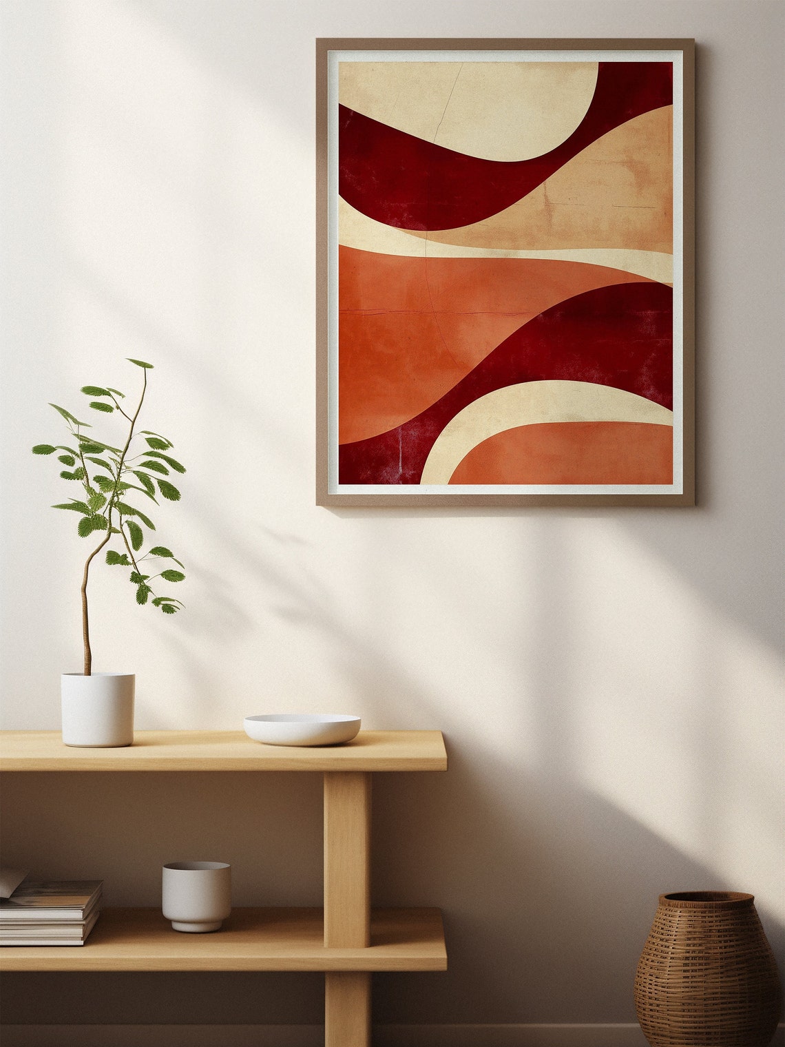 Burgundy Terracotta Cream Wavy Lines Mid Century Abstract Poster - Image 7