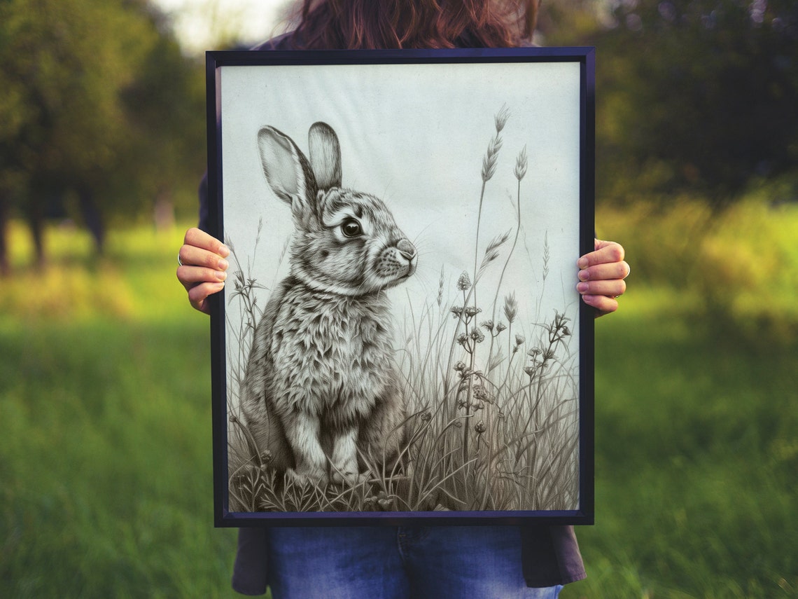 Rabbit in Tall Grass Graphite Pencil Drawing Wildlife Poster - Image 6