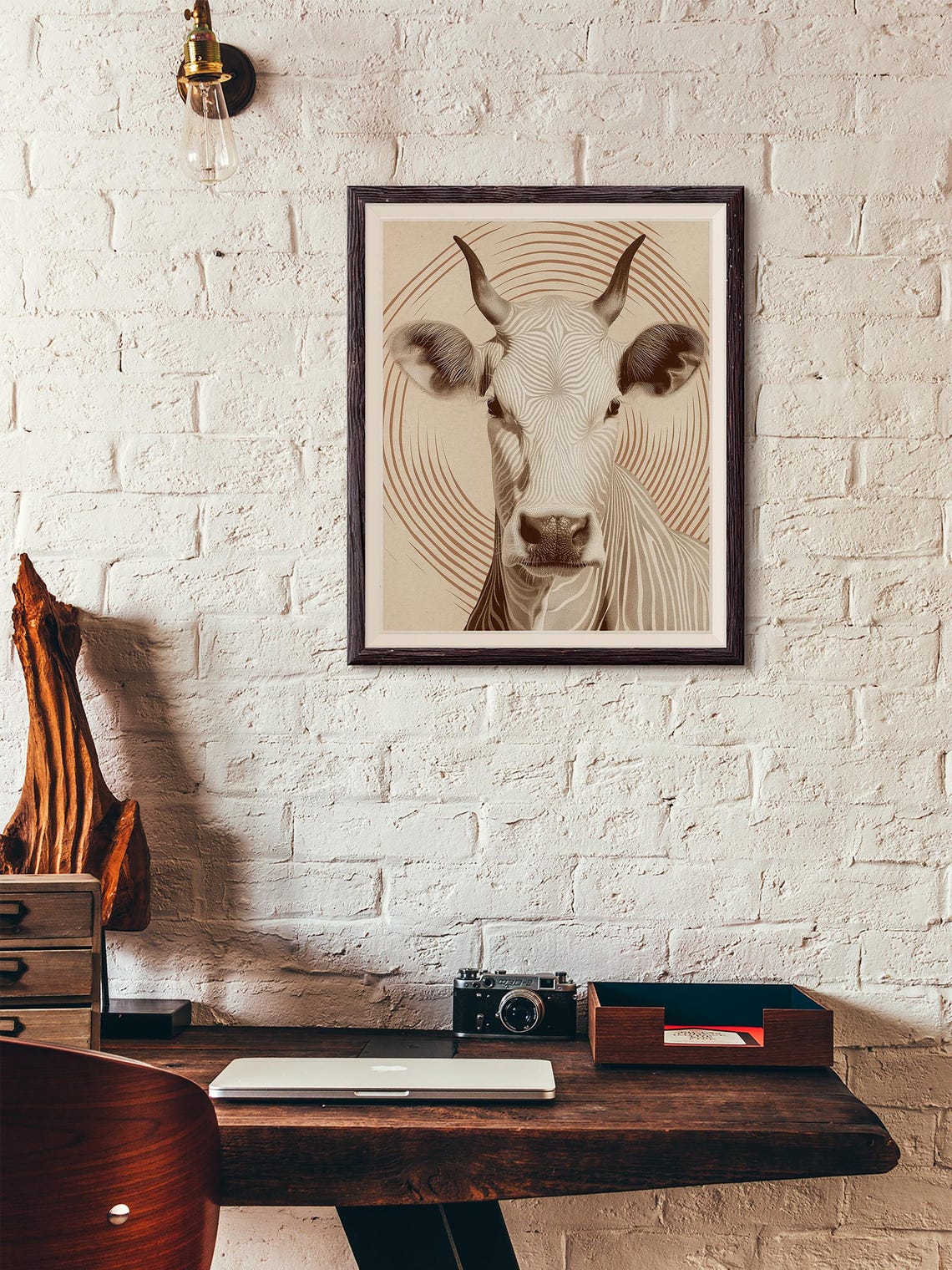 Minimalist Line Art Cow with Spiral Arcs in Sepia Tones Poster - Image 3