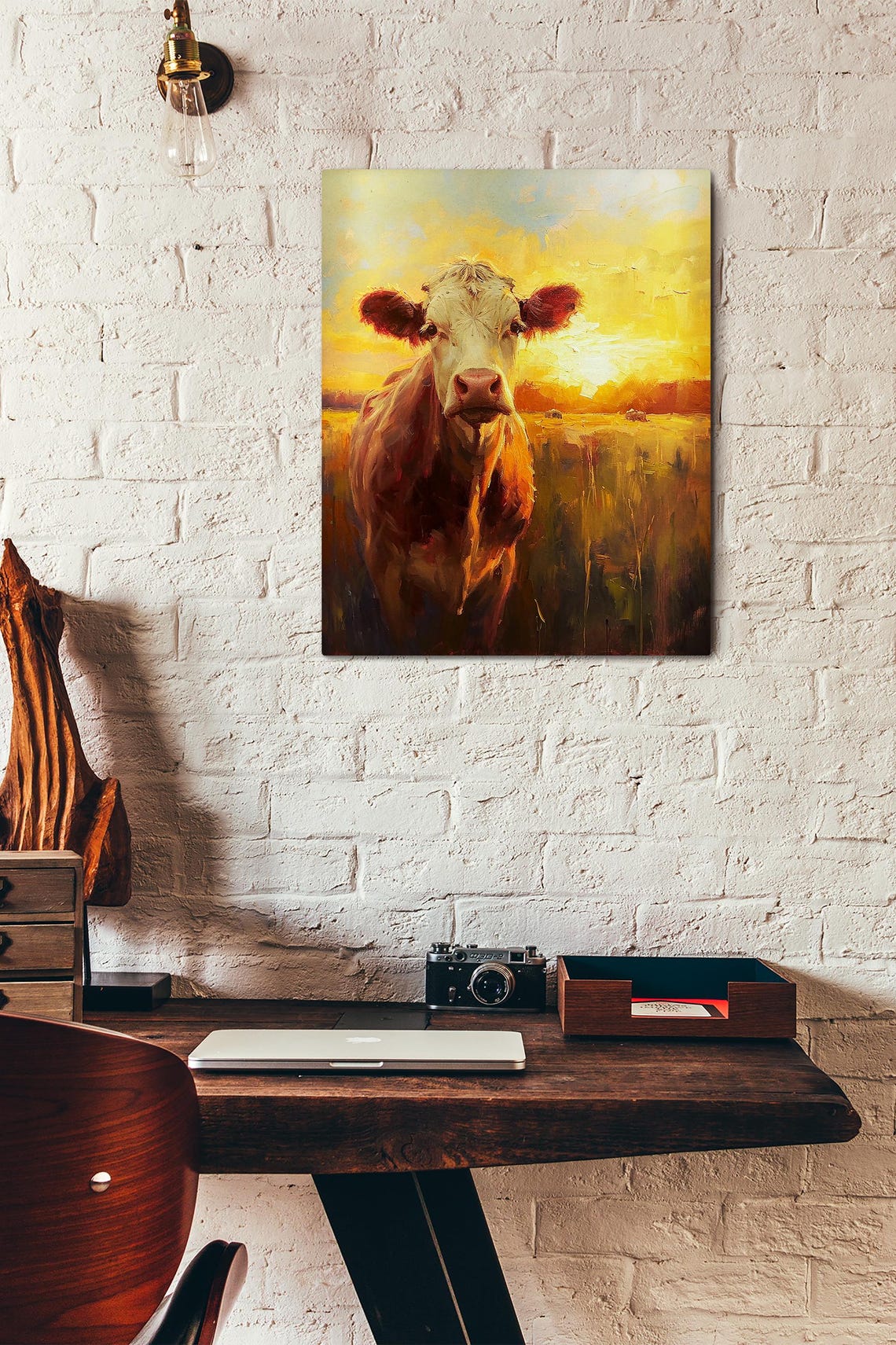 Impressionist Cow Portrait in a Sunlit Field at Golden Sunset Poster - Image 3
