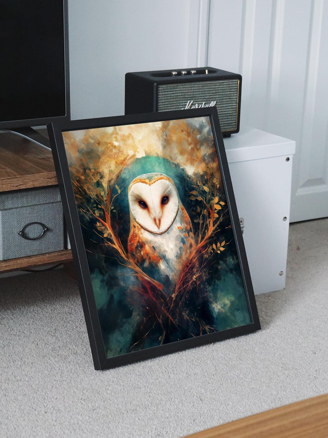 Barn Owl in Dark Teal Branches with a Mystical Night Glow Poster - Image 8