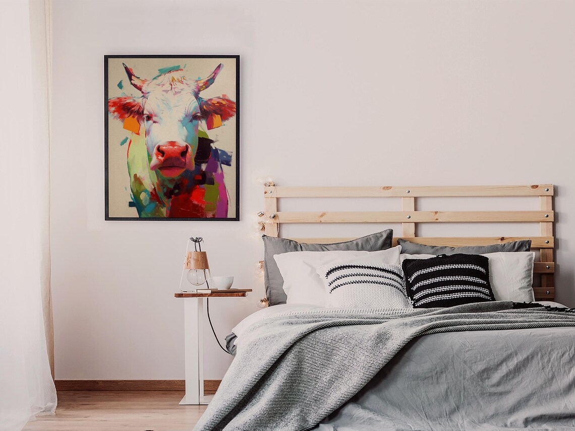 Vibrant Pop Art Cow Portrait in Teal, Red and Coral Hues Poster - Image 7