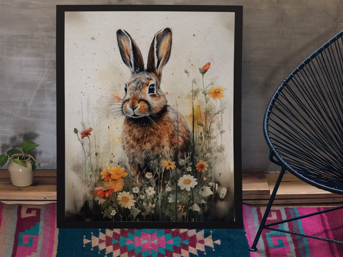 Brown Hare in Wildflower Garden Watercolor Meadow Art Poster - Image 5