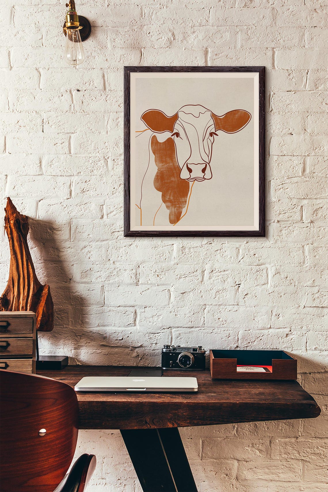 Elegant Terracotta Line Portrait of a Cow on Soft Beige Poster - Image 4