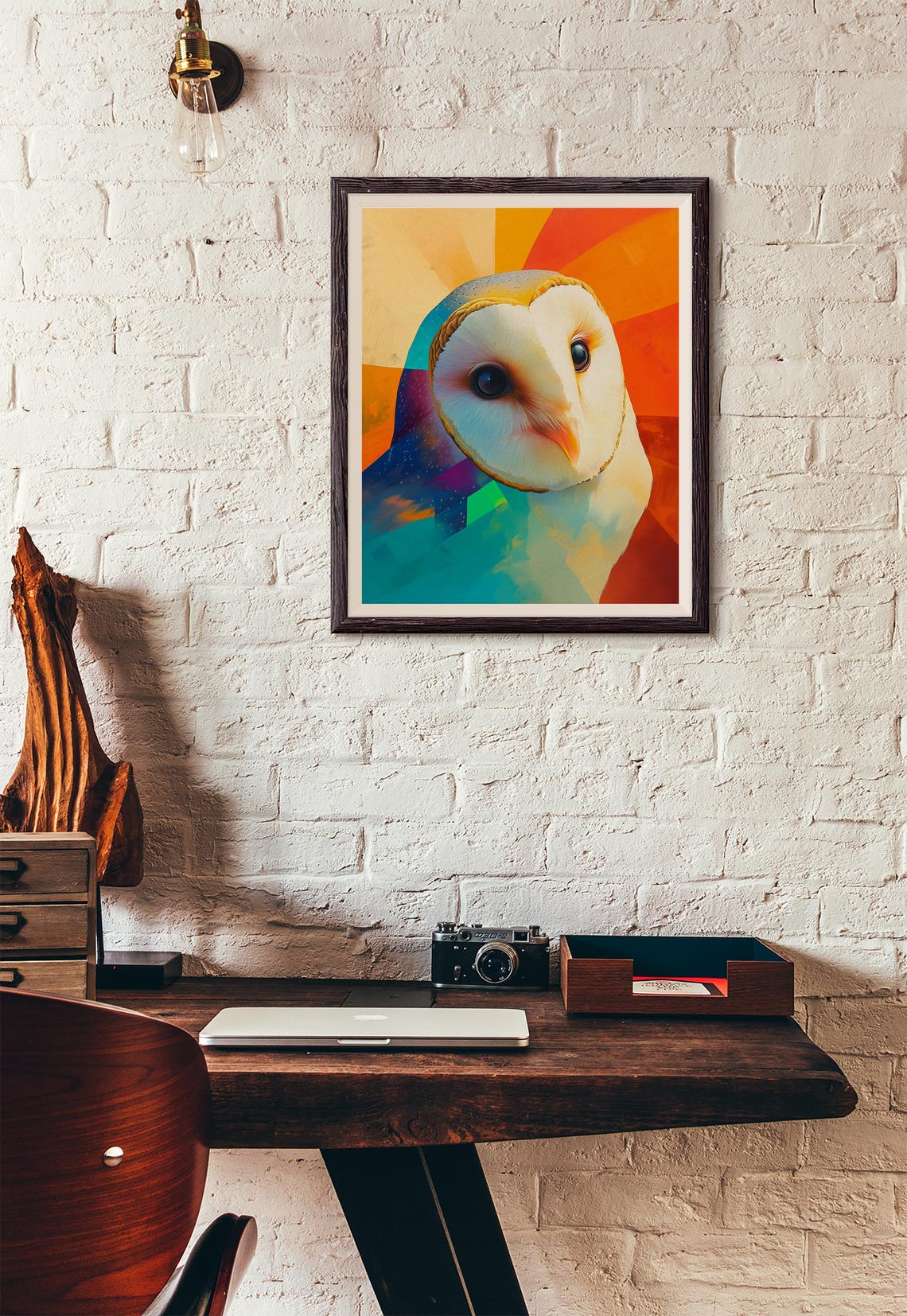 Barn Owl Face Close-Up With Orange and Teal Sunburst Colors Art Poster - Image 3