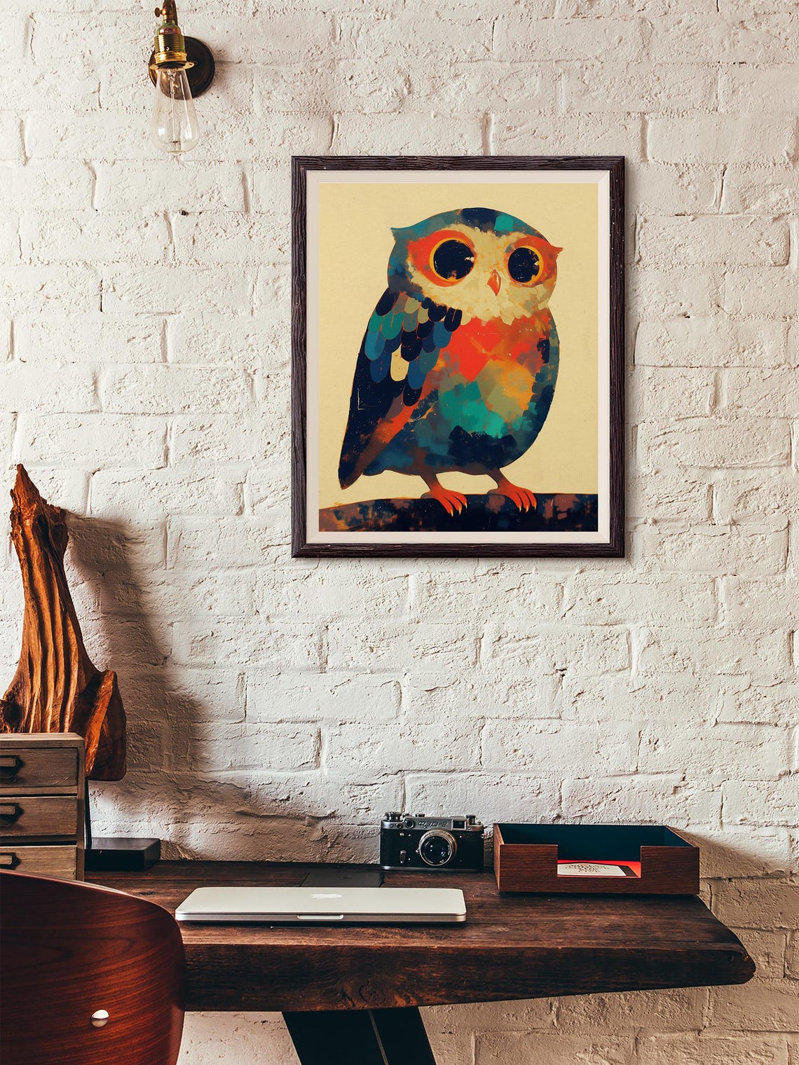 Cute Stylized Owl With Big Round Eyes in Teal and Orange Tones Poster - Image 4