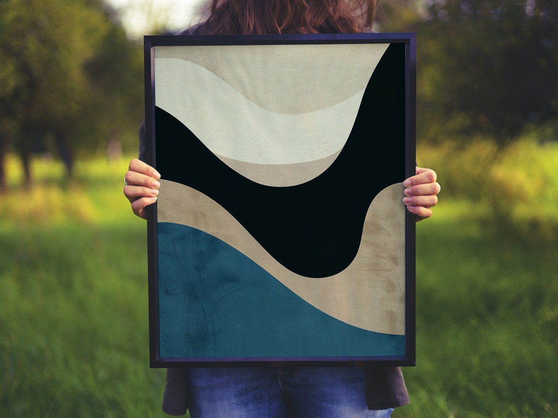 Cream Navy Teal Wavy Bands Minimalist Abstract Art Style Poster - Image 4