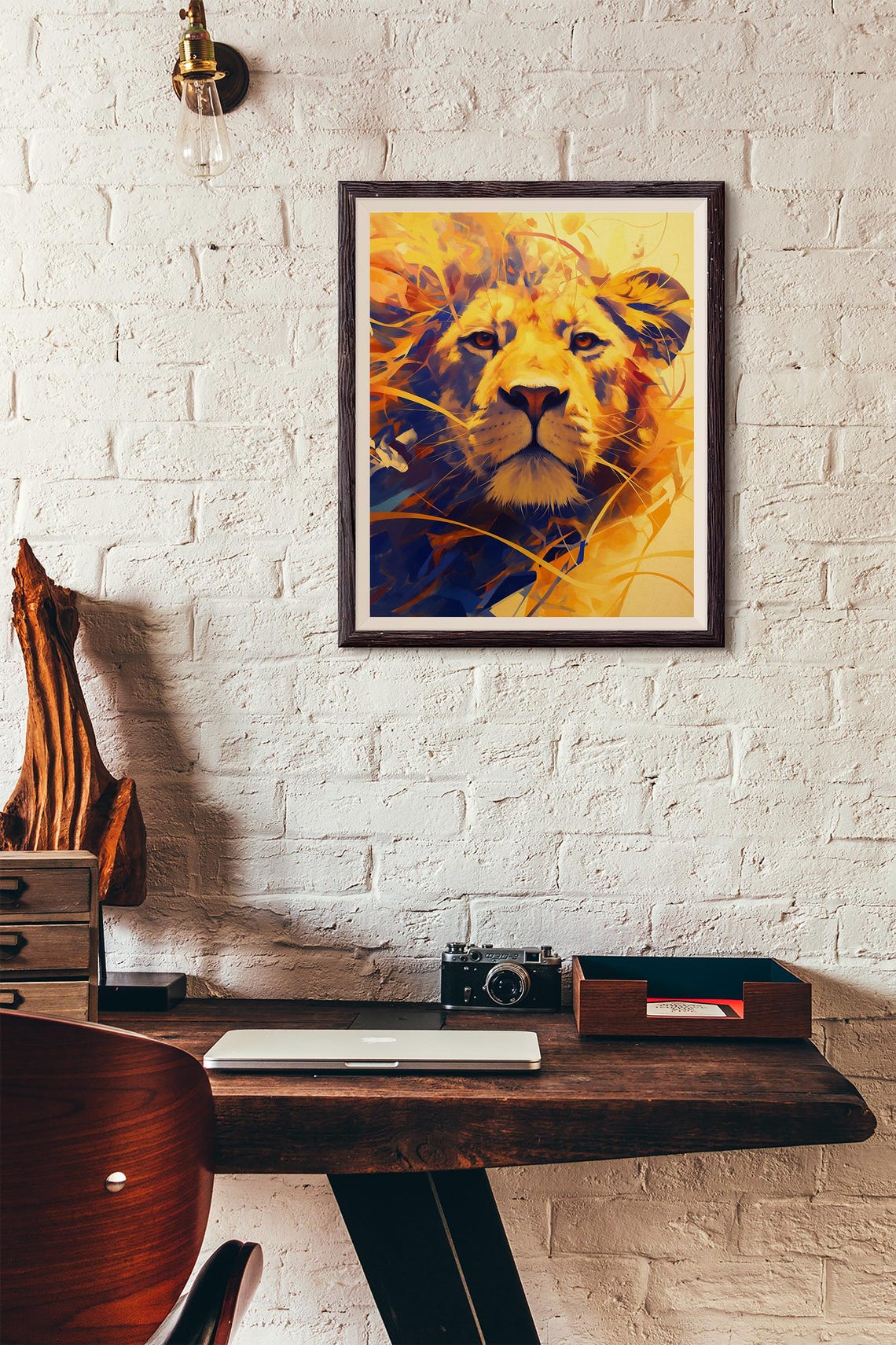 Golden Lion Face in Explosive Blue and Yellow Brushstrokes Poster - Image 4