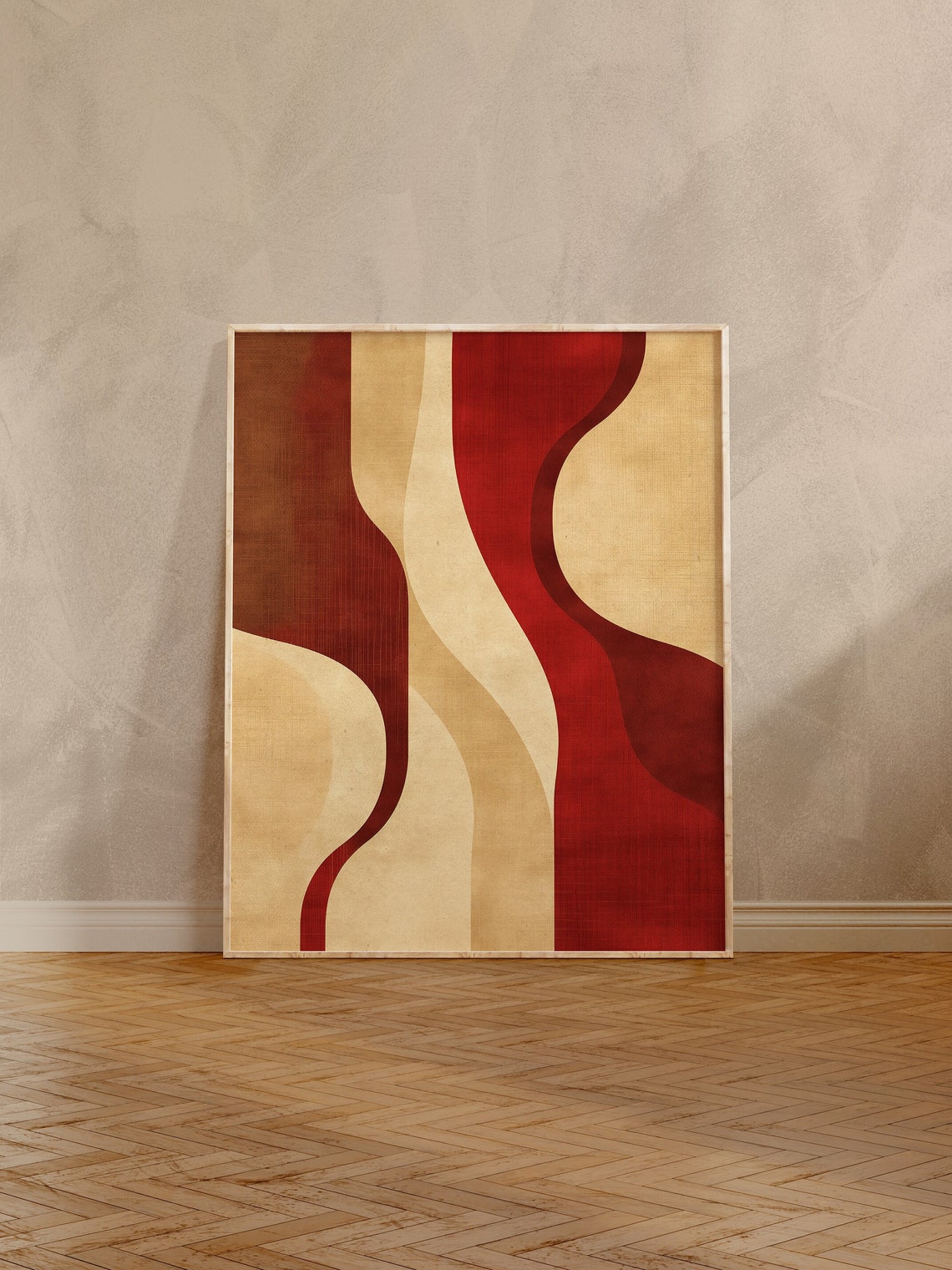 Deep Red and Cream Vertical Waves Mid Century Abstract Poster - Image 6