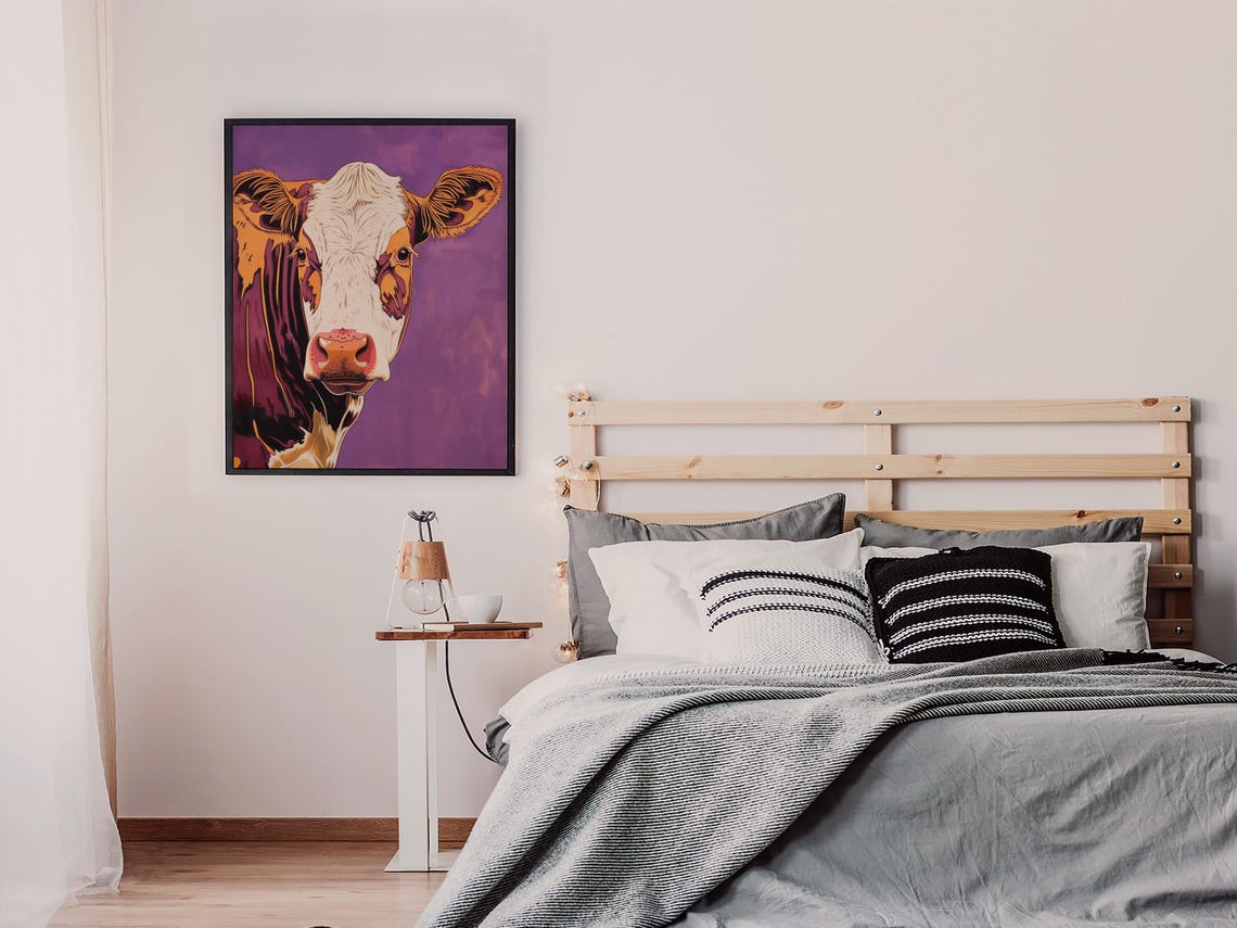 Pop Art Cow Portrait with Bold Orange on Purple Background Poster - Image 6