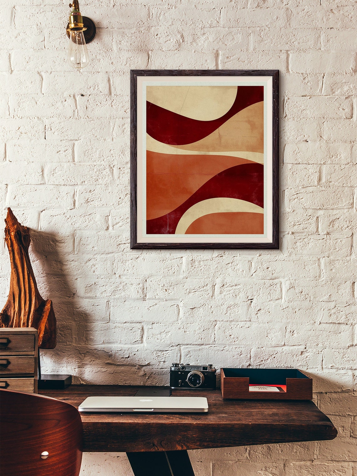 Burgundy Terracotta Cream Wavy Lines Mid Century Abstract Poster - Image 2