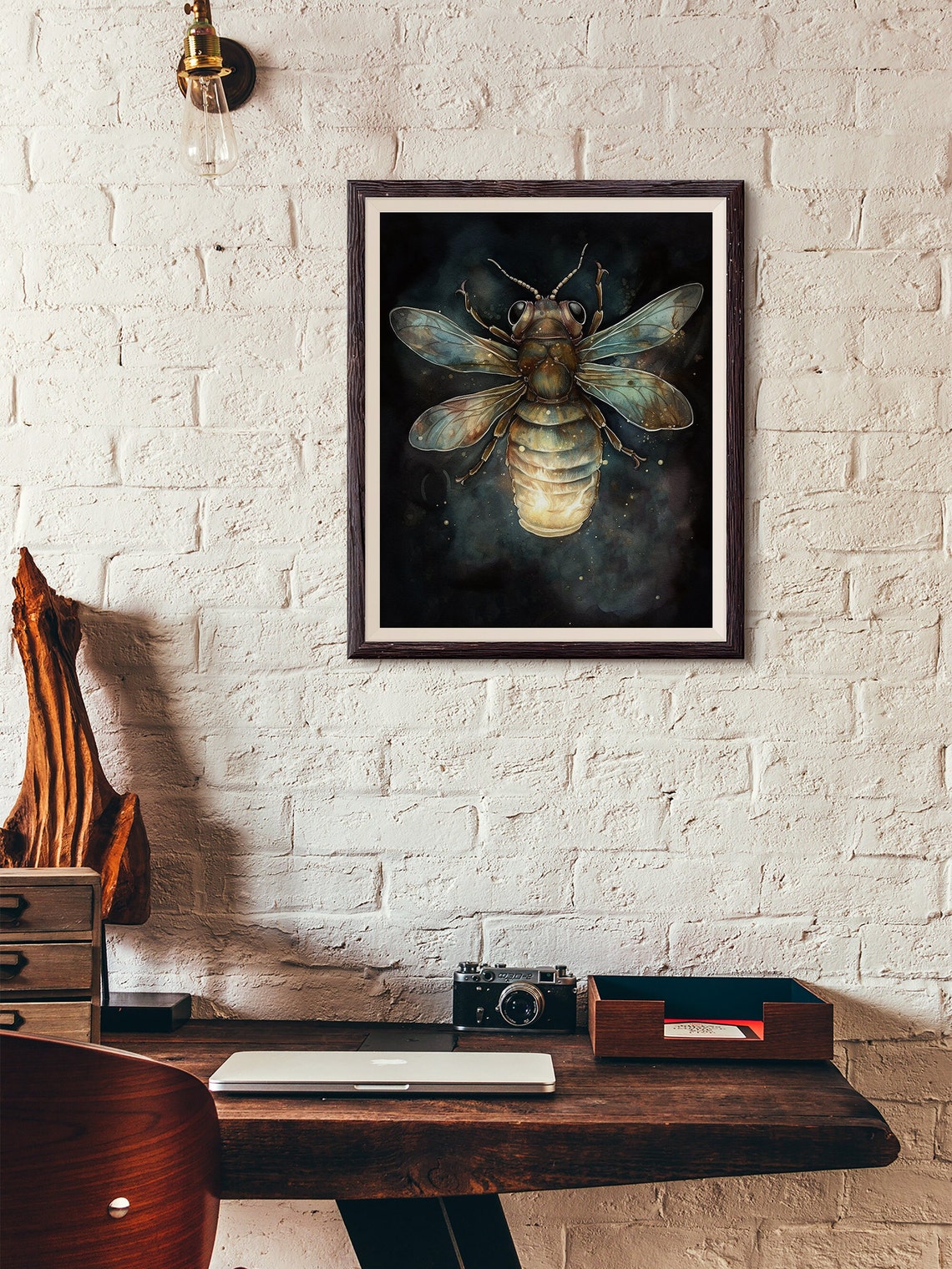 Honeybee Close-Up on Dark Background with Glowing Bee Art Poster - Image 2