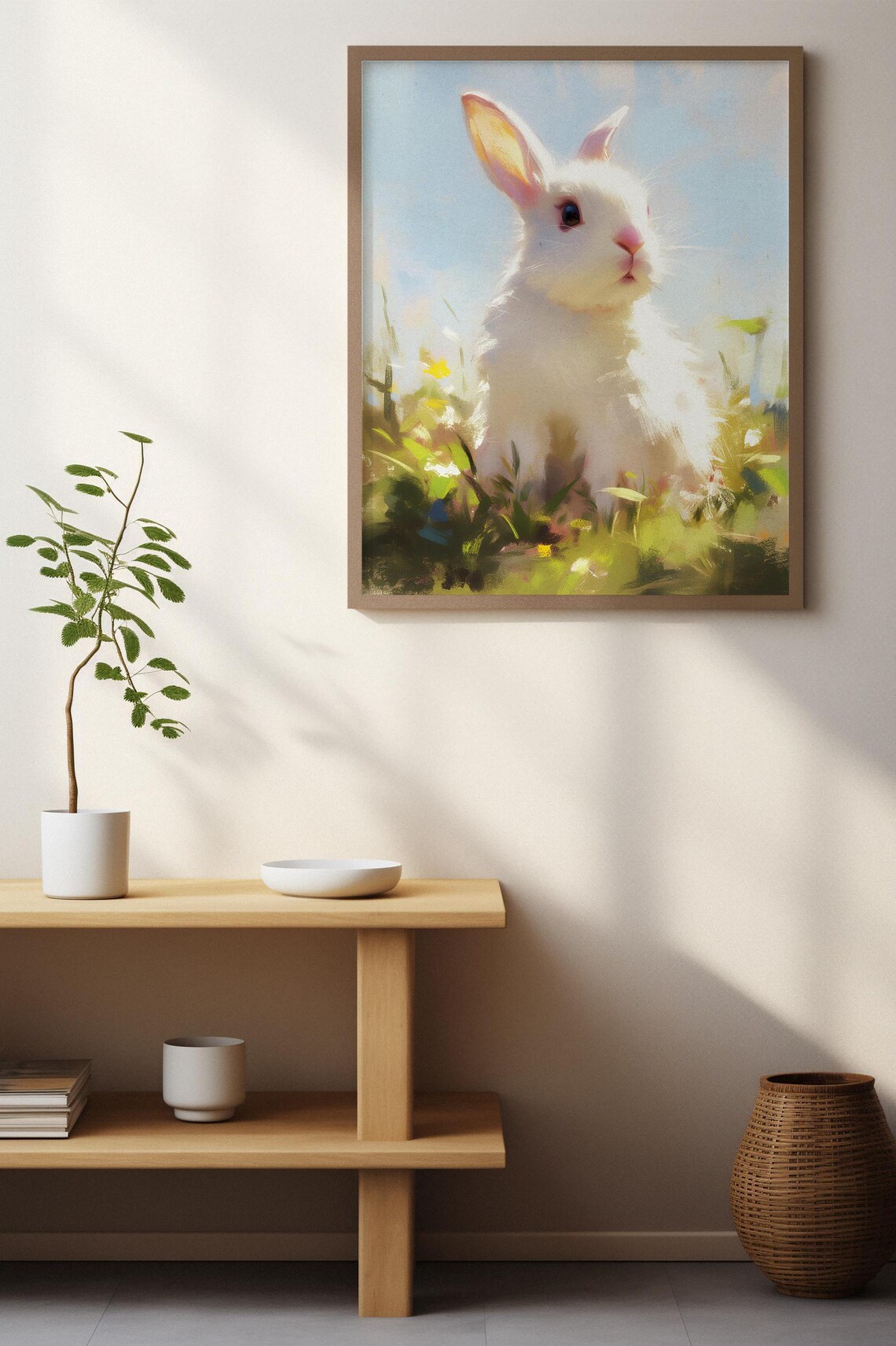 Sweet White Baby Bunny Sitting in a Sunny Flower Meadow Art Poster - Image 4