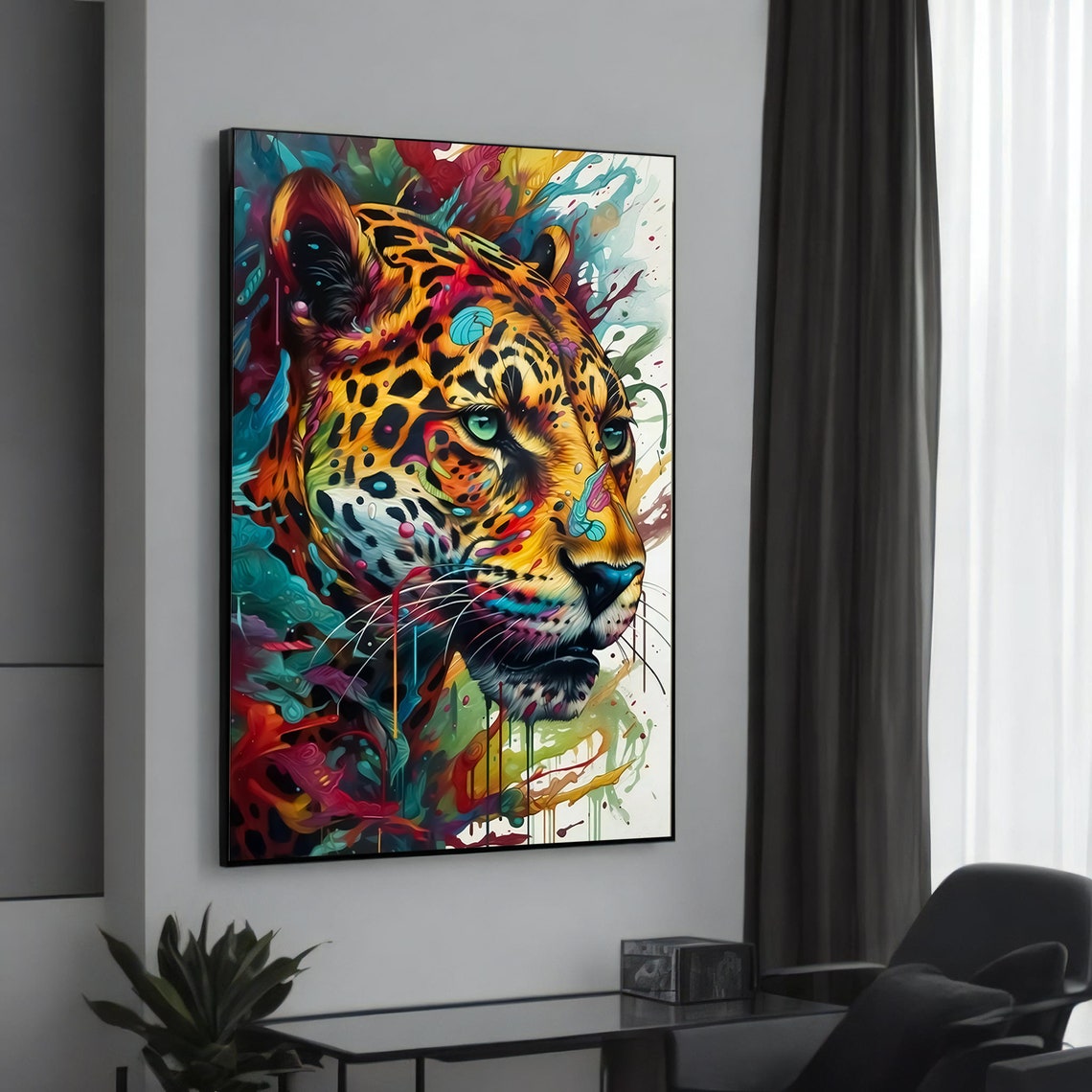 Colorful Leopard Head Vibrant Paint Splash Wild Cat Art Poster