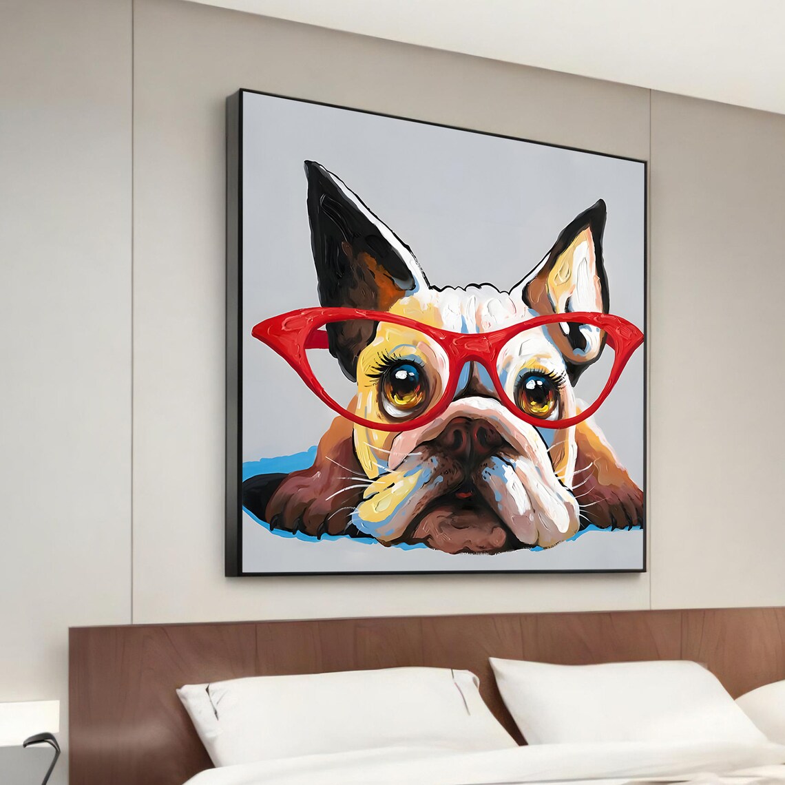 French Bulldog in Red Glasses Colorful Funny Dog Art Wall Poster