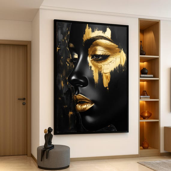 Elegant Black And Gold Face Portrait Canvas Contemporary Abstract Wall Art Modern Luxe Home Decoration Glamour Profile Painting