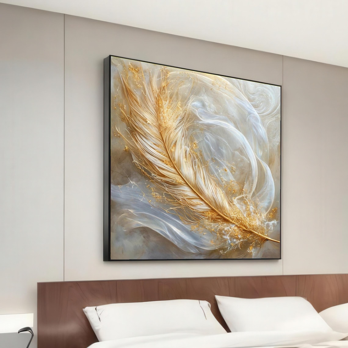 Golden Feather Abstract Art Print, Luxe Decor