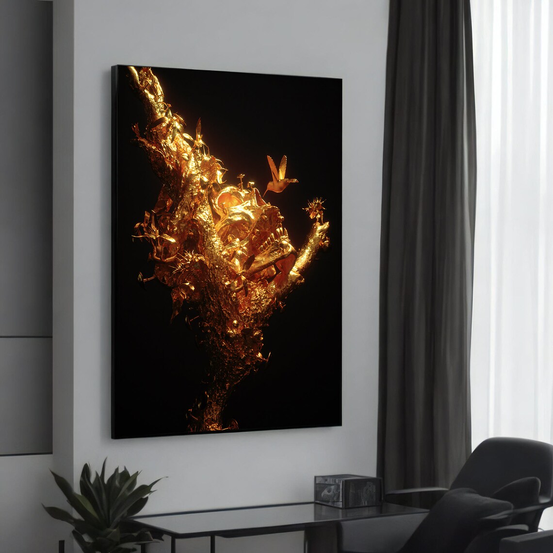 Golden Abstract Sculpture Art Print, Banksyinspired Graffiti