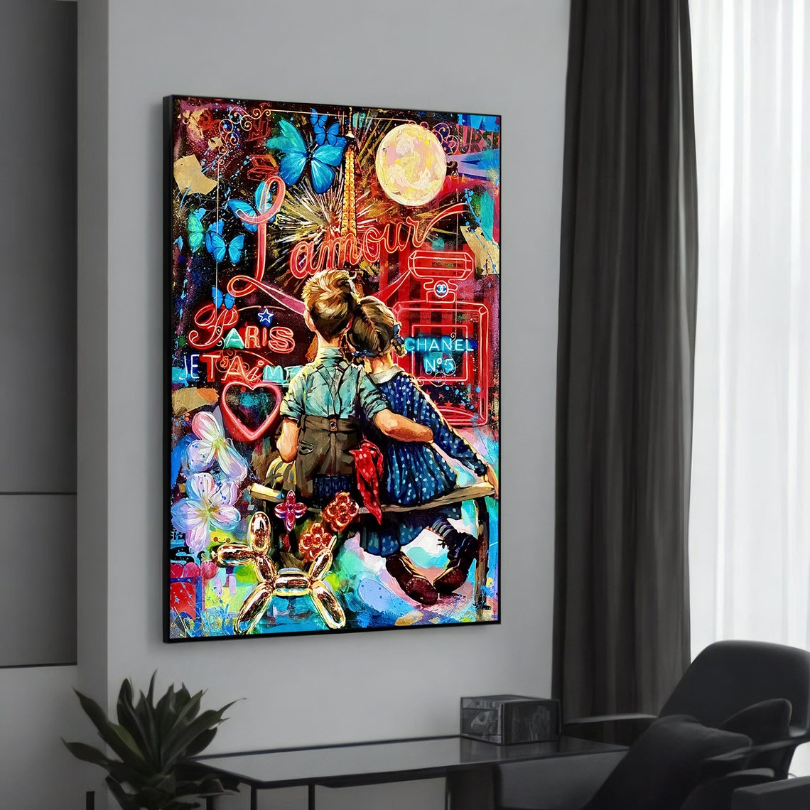 Kids In Love Paris Eiffel Tower Neon Graffiti Romance Art Poster