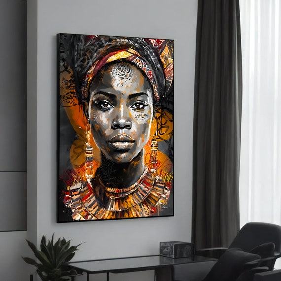 Striking African Woman With Traditional Jewelry And Headwrap Ethnic Canvas Painting For Art Lovers