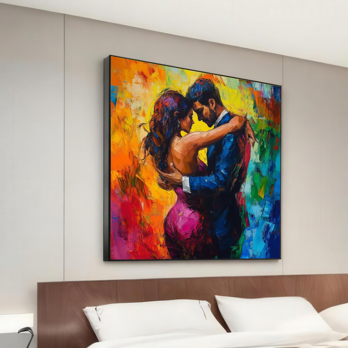Passionate Couple Embrace Impasto Oil Painting Colorful Love Wall Art