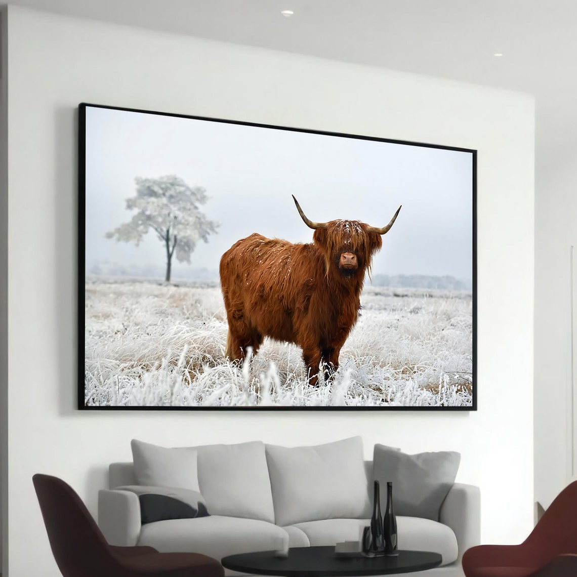 Brown Highland Cow Winter Snow Field Photorealistic Animal Poster