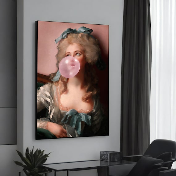 Playful Baroque Lady Blowing Pink Bubblegum Pop Art Painting Poster