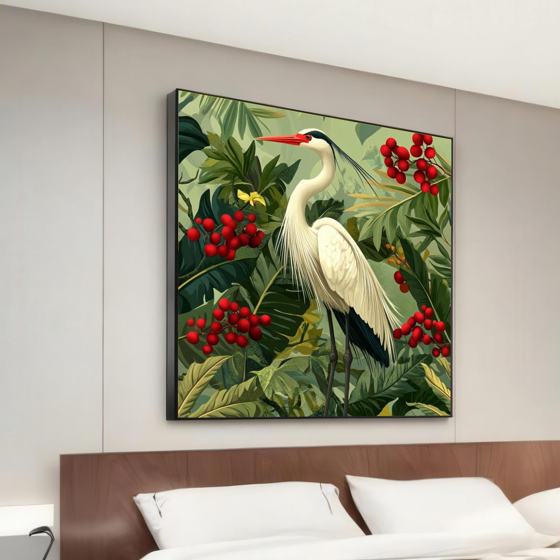 White Heron Lush Green Tropical Foliage Red Berries Wall Art