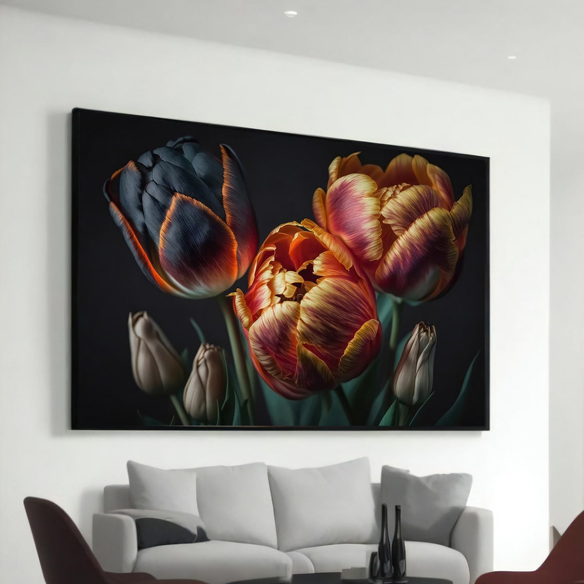 Elegant Tulip Bouquet Dramatic Black Background Floral Art Poster