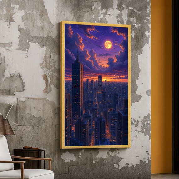 Golden Moonlight Over Cityscape Canvas Dramatic Sunset Skyline Wall Art Urban Night Scene Illuminated Skyscraper Decor Modern City
