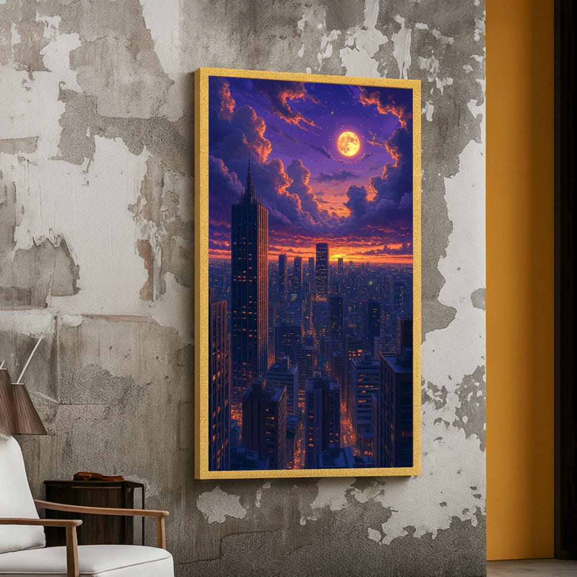 Golden Moon Over City Skyline Dramatic Clouds Night Cityscape Print