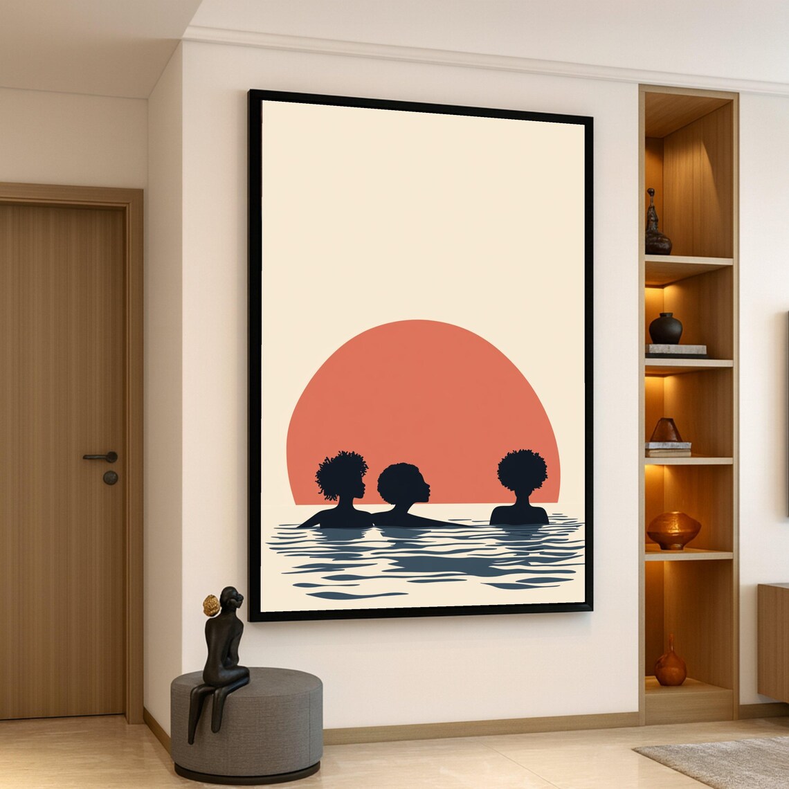 Silhouetted Women At Sunset, Minimalist Art Print