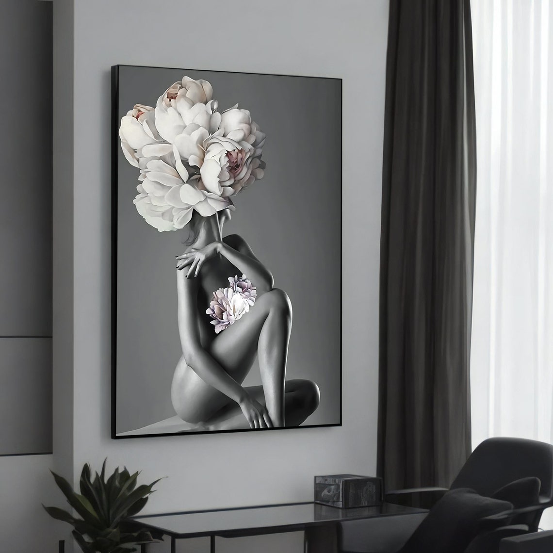 Elegant Female Figure with Peony Head Black White Artistic Wall Art