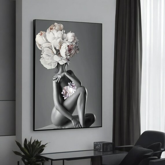 Elegant Female Figure with Peony Head Black White Artistic Wall Art