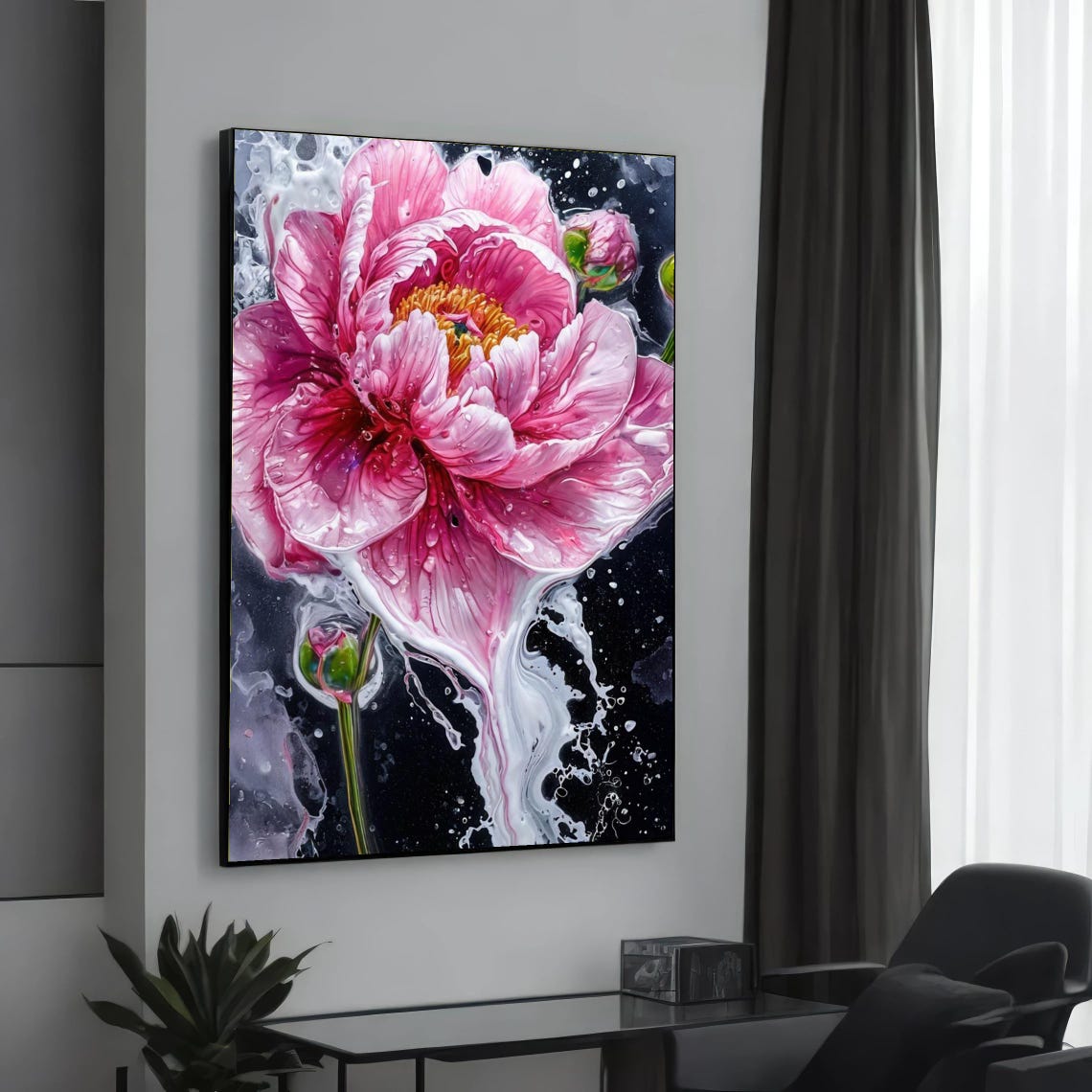 Pink Peony Water Splash Dramatic Dark Floral Photography Art Poster