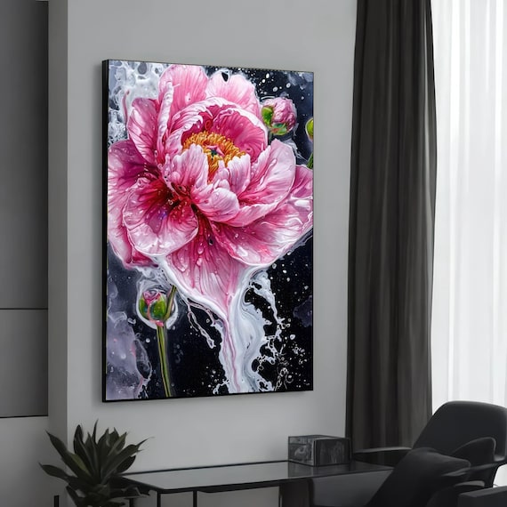 Pink Peony Water Splash Dramatic Dark Floral Photography Art Poster