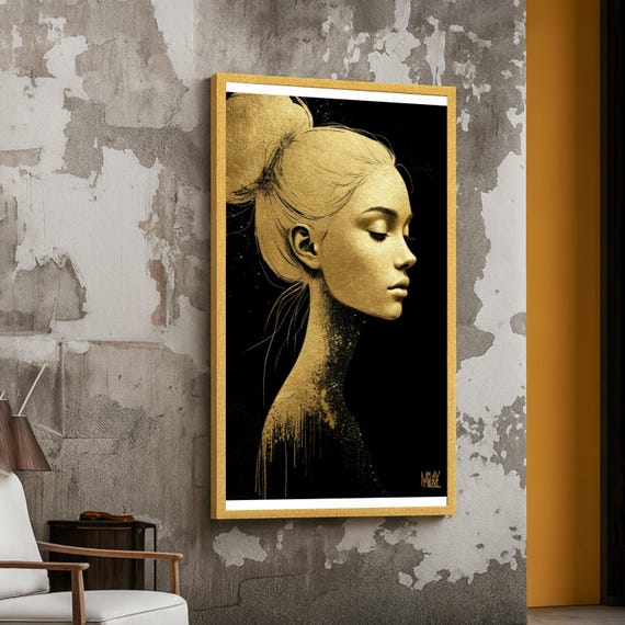 Elegant Golden Woman Profile Canvas Abstract Female Portrait Wall Art Modern Glamour Decoration Luxe Home Print