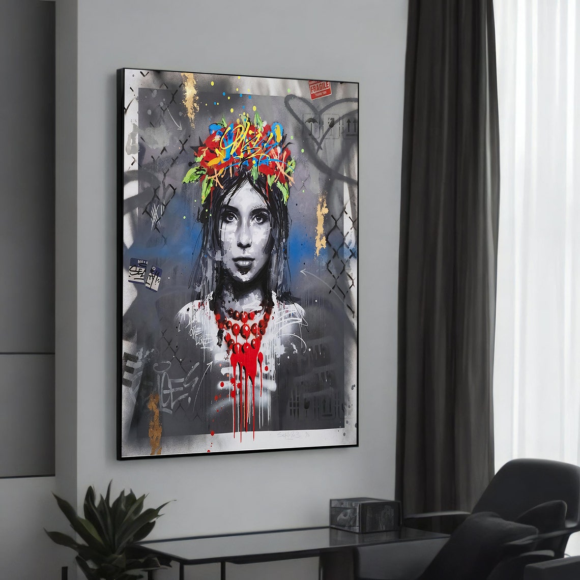 Colorful Woman Flower Crown Graffiti Portrait Urban Art Poster