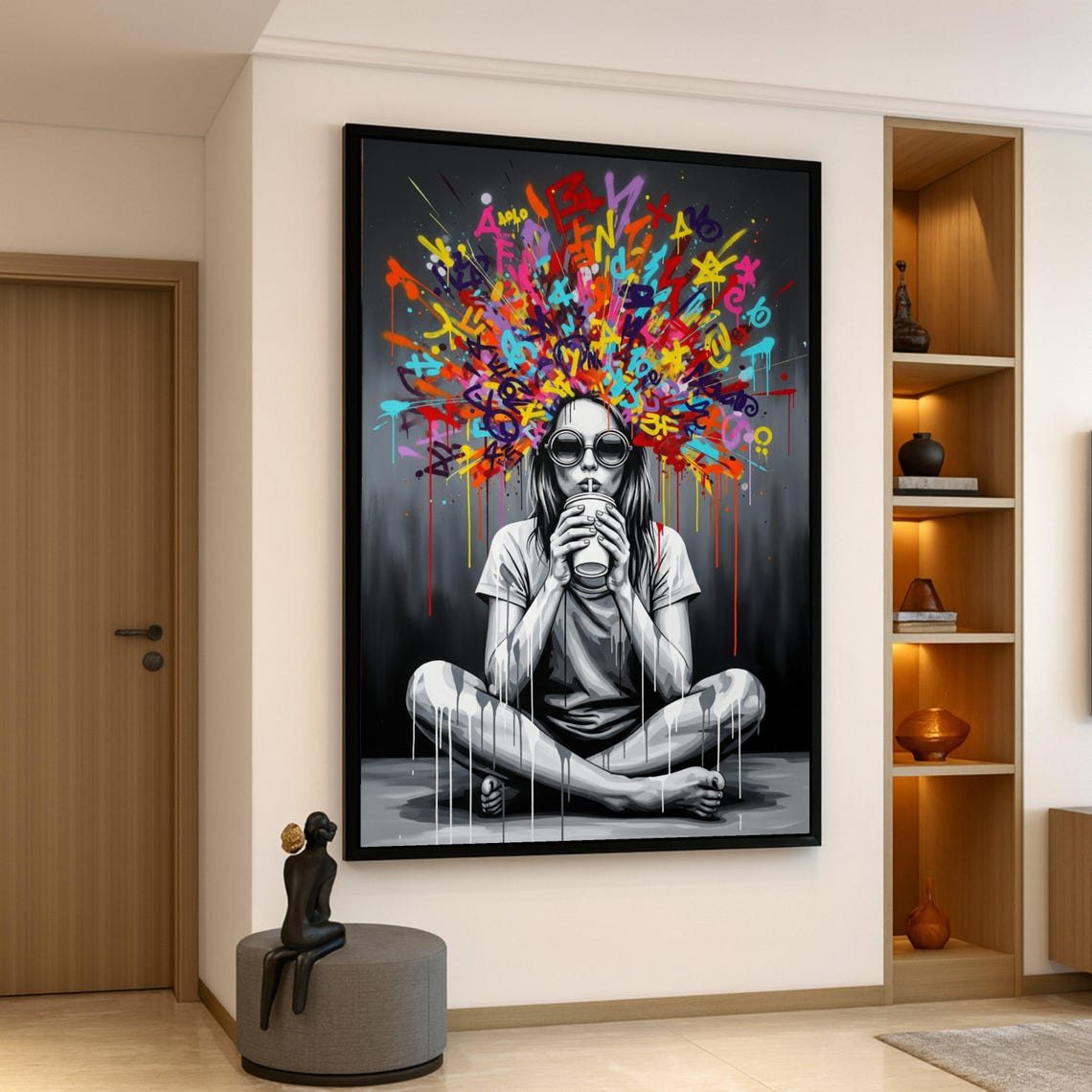 Girl with Sunglasses Drinking Graffiti Burst Colorful Pop Art Poster