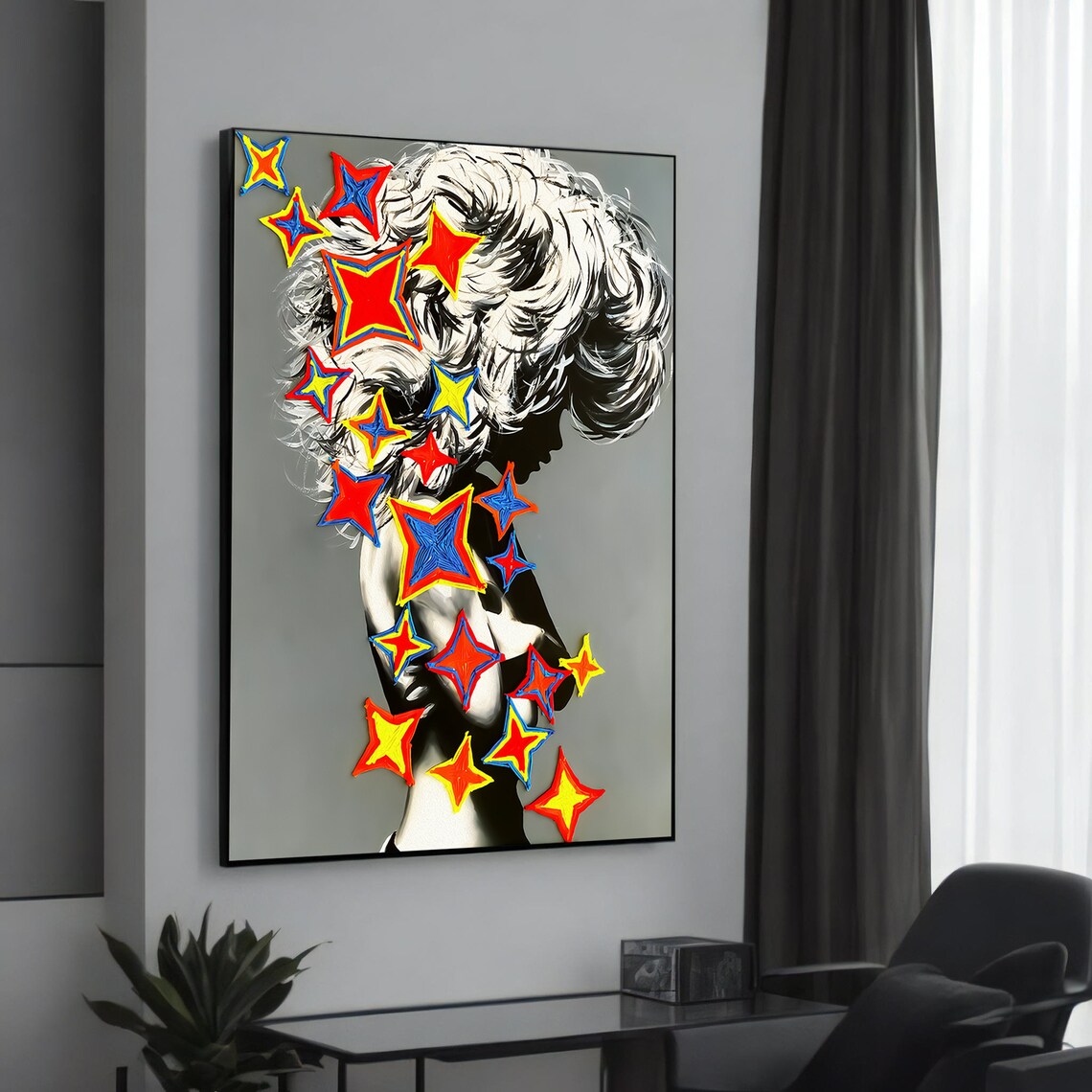 Banksy-Inspired Graffiti Woman With Vibrant Stars Art Print