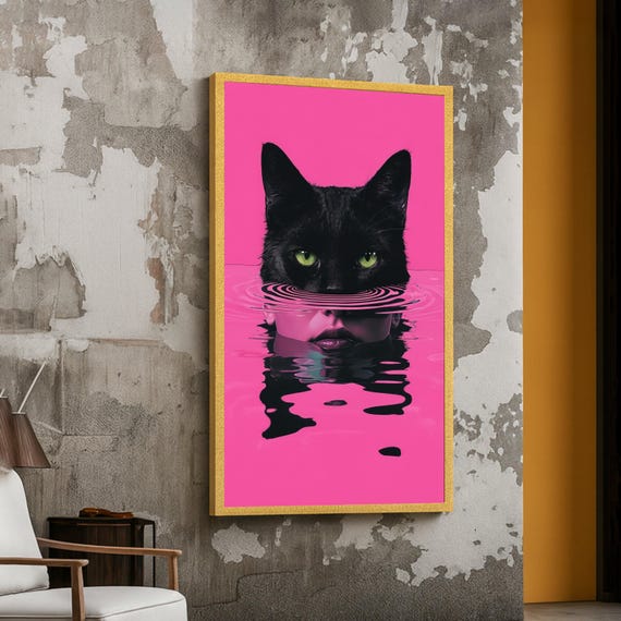 Surreal Black Cat Pink Water Reflection Pop Art Abstract Cat Poster