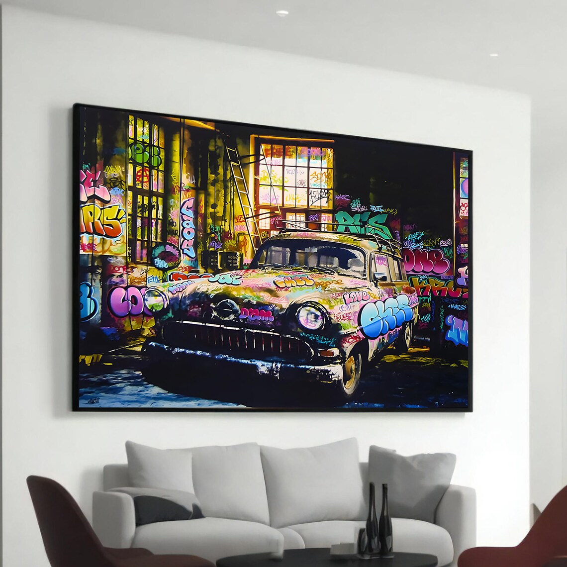Graffiti Covered Vintage Classic Car In Vibrant Urban Alley Street Art Poster